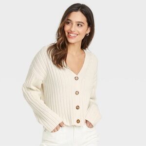 Women's Button Down Cream Knit Cardigan Sweater Size XS
